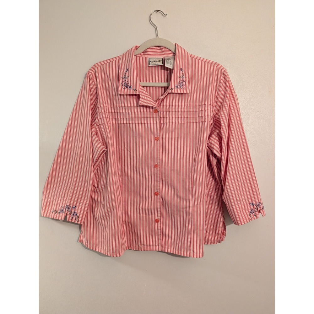 Napa Valley Womens Red White Striped Floral Embroidered Button Up Shirt XL